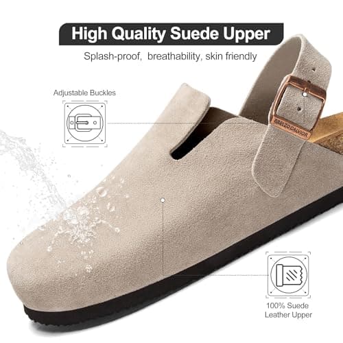 Brelzo Calvior Womens Suede Clogs Mens Leather Mules Arch Support Potato Shoes Slip On Slipper Sandals with Adjustable Buckle for Outdoor Use, Tan Size 12 - Thumbnail 3