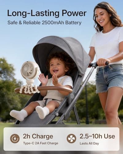 SWEETFULL Portable Stroller Fan, Pinch-Proof Baby Fan, 5-Speed Quiet Mini Clip on Fan, USB-C Rechargeable Battery, LED Display for Car Seat, Crib & Travel - Cream - Thumbnail 4