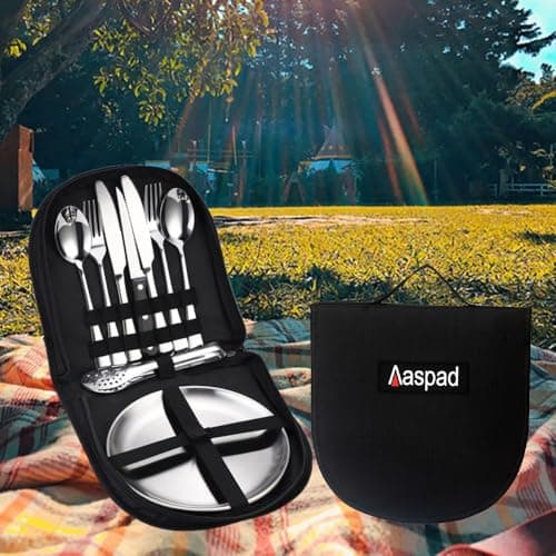 Aaspad Full Size Stainless Steel Dish & Utensil Set Portable Picnic Mess Kit RV Camping Flatware Plate & Silverware Cutlery Dinnerware Packed 2 Fork,Spoon,Serrated Knife,Food Clip Outdoor Gift for Men - Thumbnail 3