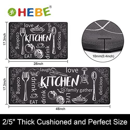 HEBE Kitchen Rugs Set of 2, Cushioned Anti Fatigue Kitchen Mats for Floor, Non Slip Waterproof Comfort Standing Desk Mat Carpet for Sink, Stove, Laundry Room, Black - Thumbnail 2