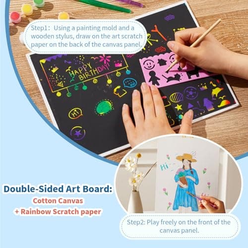 Double-Sided Canvas Boards, 2-Pack 9x12 Inch Scratch Art & Painting Set with 8 Acrylic Paints, 3 Brushes, Wooden Stylus & Stencil, Creative Art Kit for DIY Projects & Crafting Fun - Thumbnail 3