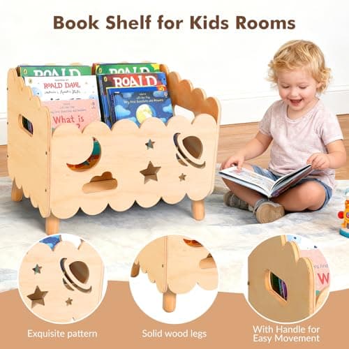 Kids Bookshelf, Montessori Toddler Bookshelf for Kids 2 Adjustable Dividers - Thumbnail 3