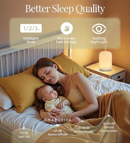 Onaboviva Essential Oil Diffuser - 2.4MHz Ultrasonic Ceramic Diffuser for Home, 120ml, Pulse&Continuous Mist, Bright/Dim/Breathing Lighting, Waterless Auto-Off, Aromatherapy Diffuser with USB Cable - Thumbnail 2