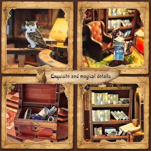Soothee DIY Book Nook Kit | Miniature House Kit with LED Lights | 3D Wooden Puzzles for Adults & Teens | Creative Model Building Kit | Unique Bookshelf Decor & Gift for Craft Lovers | Owl Library - Thumbnail 3