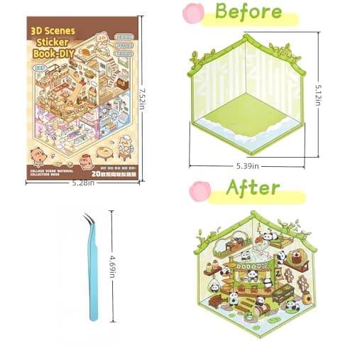 20 Sets DIY 3D House Stickers Scene Collection Book for Kids Adults, with Tweezers Make Your Own Shop House Stickers Therapy for Adult Relief Stress - Thumbnail 2
