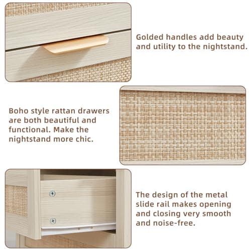 LEYAOYAO 31.5" Wide Rattan Night Stand, Oversized Large Boho Nightstand with 2 Drawer, Grey White Bed Side End Tables with Storage Shelf, Tall Bedside Table for Bedroom Living Room, Hallway - Thumbnail 3