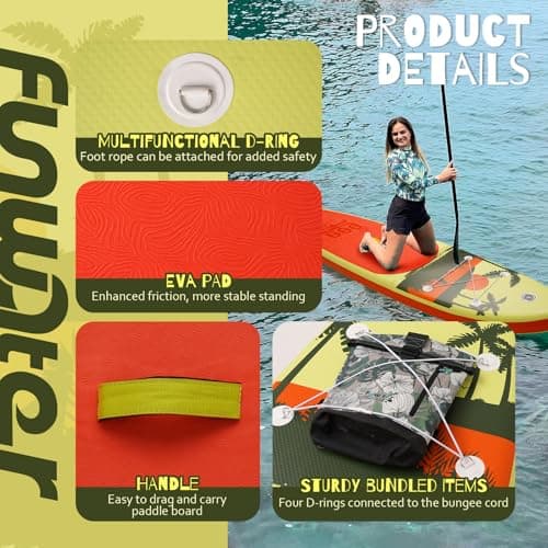 FunWater SUP Inflatable Stand Up Paddle Board Ultra-Light Inflatable Paddleboard with Accessories, Fin, Adjustable Paddle, Pump, Backpack, Leash - Thumbnail 3