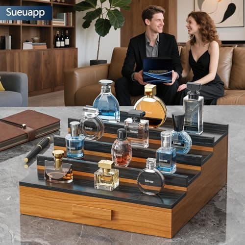 Sueuapp Solid Walnut Cologne Organizer for Men,4 Tier Cologne Stand Display Shelf with Hidden Storage and Drawer,Perfume Stand Organizer,Perfume Holder Great Gift for Men Father - Thumbnail 4