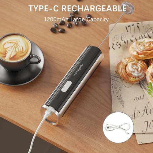 Anfilank Handheld Milk Frother Wand with Folding Stand, Rechargeable Electric Whisk with 3 Speeds & 3 Stainless Heads, Milk Foam Maker with Stand for Latte, Cappuccino, Hot Chocolate, Egg - Thumbnail 5