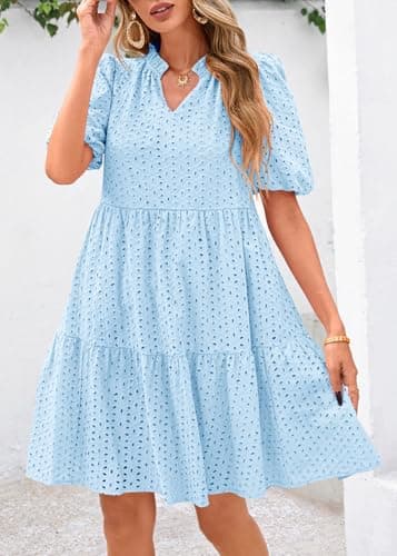 KIRUNDO Eyelet Summer Dresses for Women 2026 Mini Casual Hollow Out Short Sleeve Lace Tiered V Neck Shift Dress Pockets(Light Blue, Large) - Thumbnail 4
