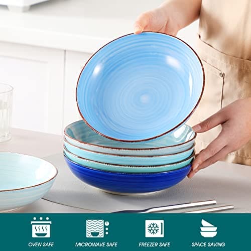vancasso Bonita 38 oz Ceramic Pasta Bowls Set of 6, Microwave & Dishwasher Safe, 8.5 Inch Elegant Shallow Bowls Set for Pasta, Salad, & Soup – Large Capacity Pasta Plates Sets, Blue - Thumbnail 4