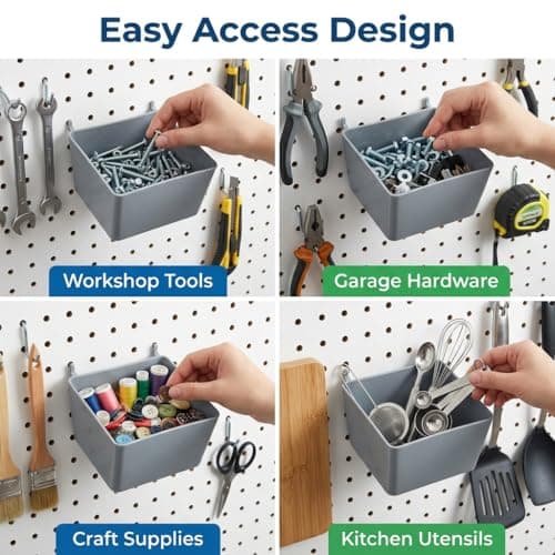 Qokylind Pegboard Bins and Hooks Set, 4 Pack Open Front Storage Bins with 2 Inch Hooks, Fits 1/4" & 1/8" Pegboard, Heavy Duty Small Parts Organizer for Screws Nails Tools, Garage Workshop Wall Storage - Thumbnail 4
