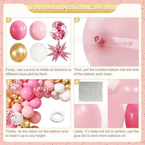 Pink White Gold Balloon Garland Arch Kit, 140Pcs Hot Pastel Pink Gold White Confetti Balloons With Stars for Birthday Wedding Birdal Shower Gender Reveal Graduation Party Decorations - Thumbnail 5