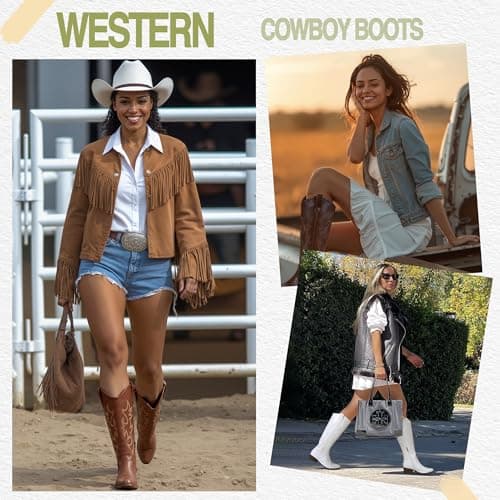 Jeossy Women's Brown Western Cowboy Boots Embroided Wide Calf Knee High Cowgirl Boots Round Toe Tall Boots with Inside Zipper Comfortable for Wedding Party Daily Wear Size 7 (DJY9809 brown 07) - Thumbnail 2