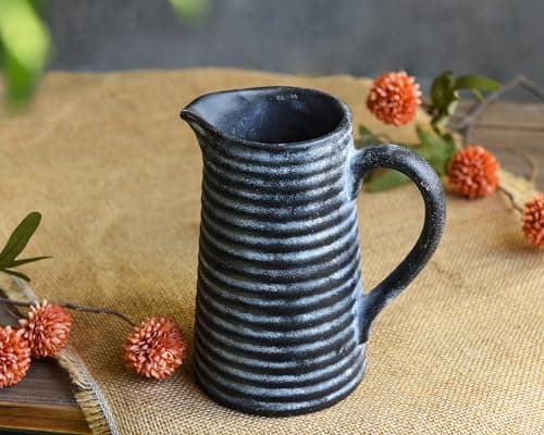 Quoowiit Ceramic Rustic Vase with Handle, Black Distressed Decorative Farmhouse Pitcher Vase for Home Decor Living Room Bedroom Kitchen Office Shelf Decor Centerpiece Table Decoration - Thumbnail 3