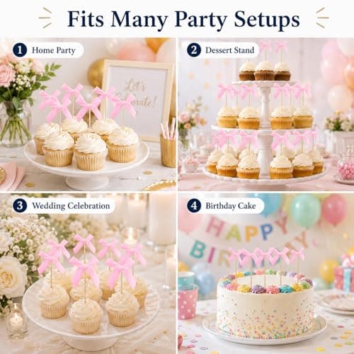 Oeyliz Pink Bow Cupcake Toppers Bow Cake Topper Decorations 24 PCS Pink Bows Cupcake Toppers Birthday Party Decorations Cake Bow Cupcake Topper for Baby Shower Birthday Wedding Bridal Party Supplies - Thumbnail 6