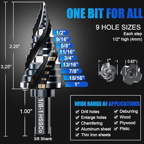 Four Spiral Flute M35 Step Drill Bit Set 1/8"-1"(9 Sizes), 3/8" Shank for Metal Step Drill bit, Impact Resistant Cobalt Step Drill Bit, for Stainless Steel, Wood, Aluminum, Plastic - Thumbnail 5