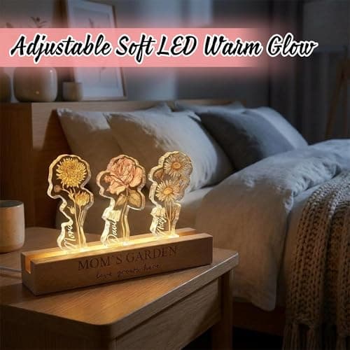 CraffBase Personalized Mom's Garden Night Light Custom Birth Month Flower Acrylic LED Lamp with Engraved Names Mother's Day Birthday Gift for Mom Grandma Sentimental Family Keepsake with Wooden Base - Thumbnail 3