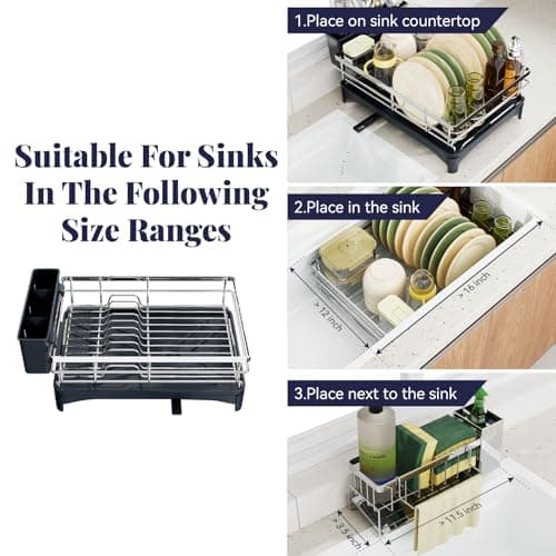 Azevix Dish Drying Rack, 304 Stainless Steel Dish Racks for Kitchen Counter with Cutlery Holder & Sponge Holder, Large Dish Drainer with Removable Drainboard, 11.8''W x 16.7''L (Stainless Steel) - Thumbnail 3