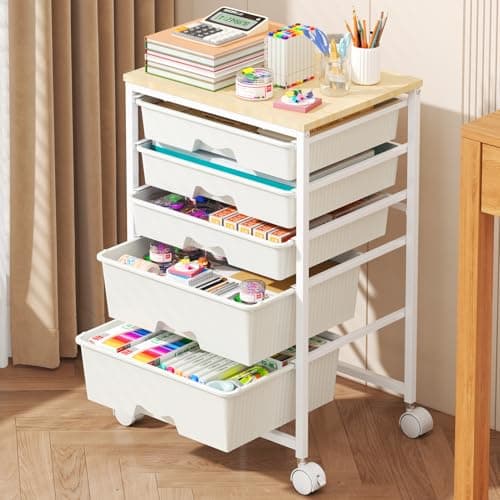 Goovilla Rolling Cart with Drawers, Utility Cart Organizer With 5 Removable Drawers and Wooden Tabletop, Lockable Rolling Storage Organizer for Art, Classroom, Home, Dorm, Office, Craft Storage, White