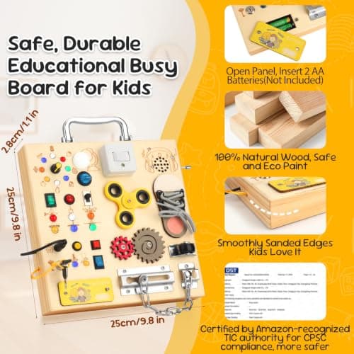 Wooden Busy Board with LED Light Montessori Baby Learning Toys for Toddlers , Sensory Activity Board, Travel Educational Toys, Boy & Girl Birthday Gift (Silver Handle) - Thumbnail 2