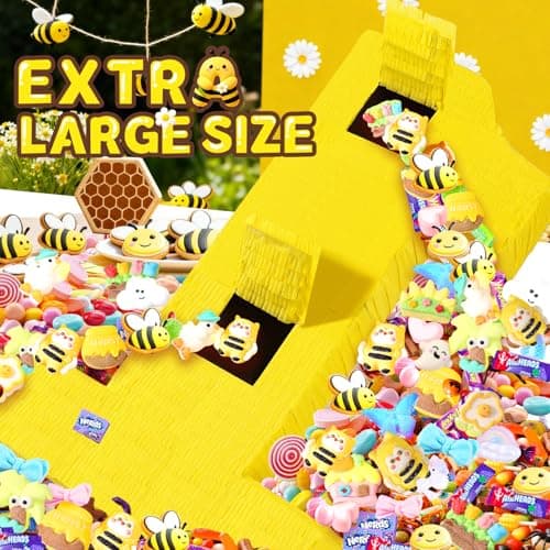 Bee Pinata - Yellow Number 1 Shape, 27 x 16 x 3 In - Honeycomb & Dasiy Accents for First Bee Day Party, Includes 24" Bat Stick, Eye Mask, Rope - Thumbnail 6