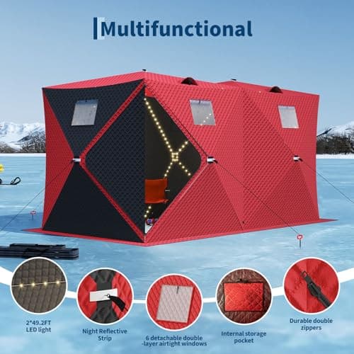 Garvee Pop Up Ice Fishing Shelter and Insulated Ice Fishing Tent with 49ft LED Light Strip, Windproof Portable Hub Design, Fits 5-7 People, 69 sq ft Fishable Area, Red+Black - Thumbnail 3