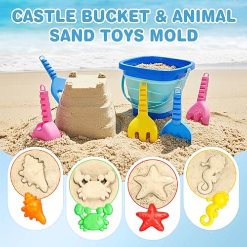 Dreamon Beach Toys for Kids 3-10, Collapsible Sand Castle Toys for Beach Include 3 Pack Foldable Buckets, Shovels Molds and Storage Mesh Bag, Sandbox Travel Toy for Toddlers Kids - Thumbnail 4