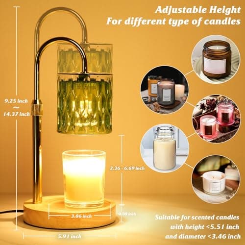HAIDOLIANG Candle Warmer Lamp with Timer and Dimmable, Electric Wax Melt Warmers Height Adjustable with 2 Bulbs, Gifts for Women Mom House Warming, Modern Home Decor for Scented Jar Candles Green - Thumbnail 4