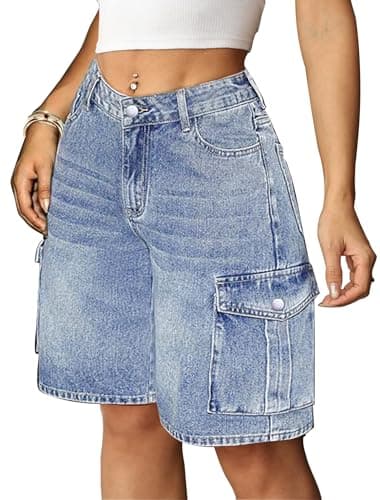 Eddoyee Baggy Bermuda Cargo Jorts for Women Y2K Long Knee Length Stretchy Denim Jean Shorts Casual Outfits with 6 Pockets(Light Blue, Small) - Image 1