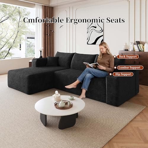96" L Shaped Modular Sectional Sofa, Boneless Small Couch for Small Space, Corduroy Deep Seat Cloud Couch, No Assembly, Perfect for Apartment (Black, Left Facing Chaise) - Thumbnail 4