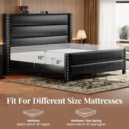 Uteeran King Size Bed Frame with Storage Shelf & Charging Station, 55" Tall Headboard & 25.6" Footboard, Faux Leather Upholstered Platform Bed with Big Rivets Wingback, Heavy Duty & Noise-Free, Black - Thumbnail 5
