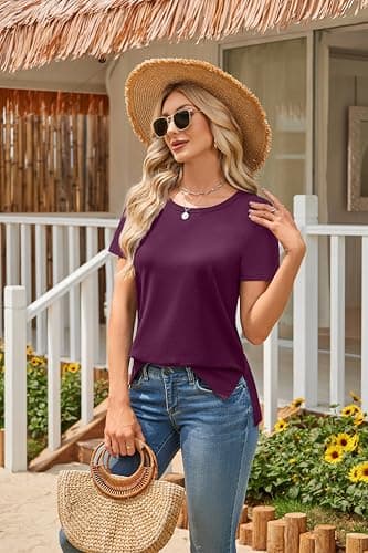 Herou Summer Tops for Womens Short Sleeve T-Shirt High Low Hem Tees with Side Split (Maroon, Large) - Thumbnail 6