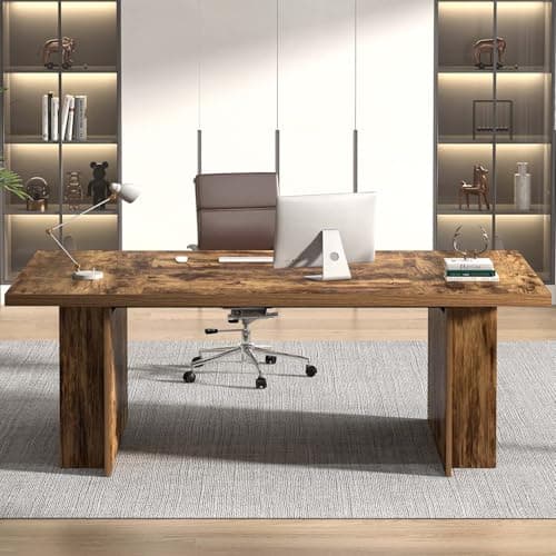 FOLUBAN Large Executive Office Desk, 70" Long Computer Desk with Side Storage Shelves, Vintage Wood Conference Table Workstation for Home Office, Two Person Gaming Study Writing Table, Rustic Brown - Thumbnail 6