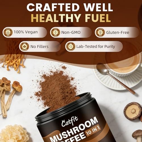 Catfit Instant Mushroom Coffee Powder, 10-in-1 Adaptogen Blend with Lion's Mane, Chaga & Cordyceps for Energy, Focus, Gut Health & Immune Support -50 Servings - Thumbnail 4