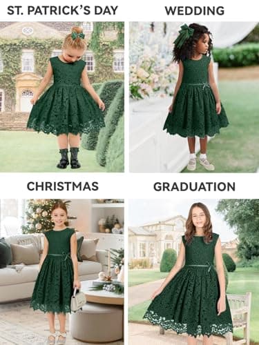 ALLOVIN Girls & Toddlers Sleeveless A-Line Lace Party Dress Birthday Wedding & Flower Girl Dress with Beaded Bowknot | Dark Green | 3-4T - Thumbnail 6