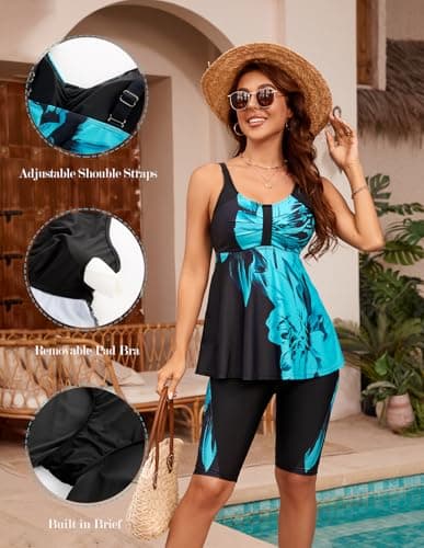 Hanna Nikole Plus Size 2 Piece Rash Guard Bathing Suits with Shorts Womens Tankini Sets Tummy Control Beach Bathing Suits Green Flower US 28 - Thumbnail 5