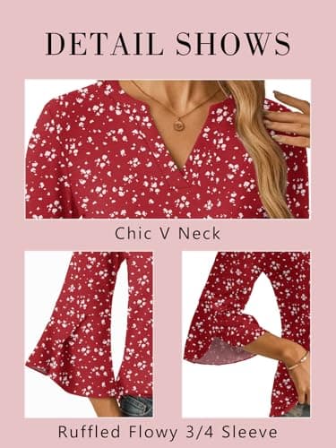 GKBK Women's Blouses Ruffle 3/4 Sleeve Dressy Top V Neck Casual Tunic Blouses Business Shirts Red M - Thumbnail 4