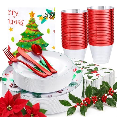 Festiva 176Pcs Christmas Plastic Plates Heavy Duty- Christmas disposable Dinnerware Set-include 50Plates 25Plastic Silverware 25Cups 25Holly Berry Napkins - Image 1