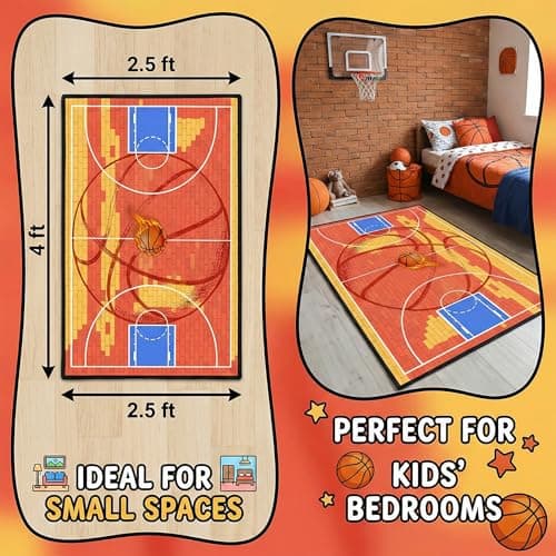 BATATADOCE Basketball Rug - 2.5x4 Feet Boys Bedroom Area Rug Basketball Court Sports Decor for Kids Room Playroom Game Floor Mat - Thumbnail 2