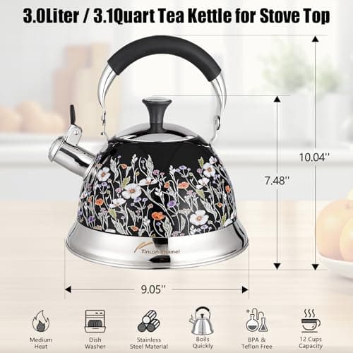 Tinlon Enamel Tea Kettle, 3.1QT Vintage Whistling Tea Kettle for Stovetop - Thumbnail 6