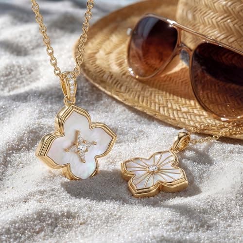 Fettero Necklaces for Women Gold Charm Necklace 2 Sided Lucky Clover Pendant 14K Gold Plated Chain Cross Mom Pearl Necklace for Women Jewelry - Thumbnail 6