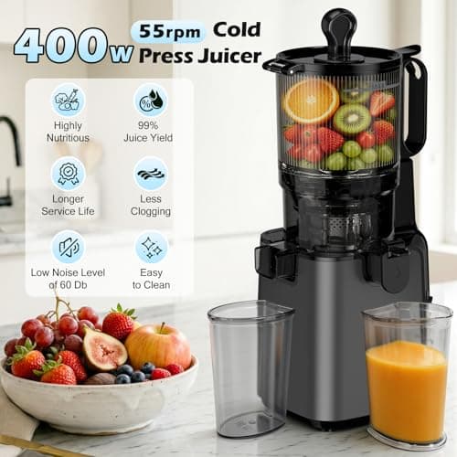 Juicer Machines with 5.8" Large Chute, 2-in-1 Cold Press Juicer for Whole Vegetables Fruits 400W, Masticating juicer Easy to Clean Juice Extractor Machine for Making Nut Mike, Juice, Premium Gray - Thumbnail 2