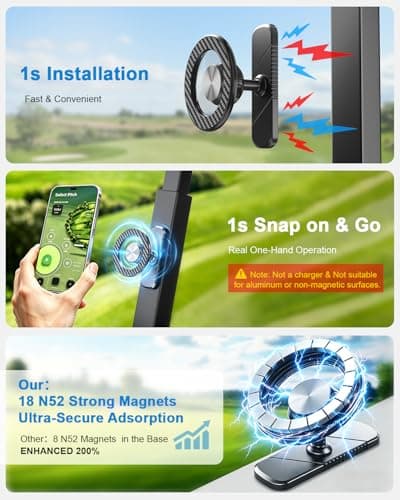 Xitalia Magnetic Golf Cart Phone Holder for MagSafe iPhone, 360° Rotation Alloy Mount, Hands-Free Golf Cart Phone Stand, Golf Accessories Gifts for Men Dad Husband, Birthday & Holiday Golf Gadgets - Thumbnail 2