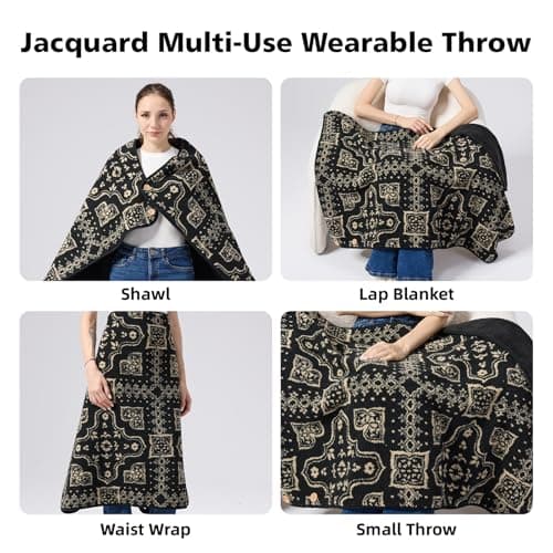 SHINEDOOR Jacquard Sherpa Wearable Blanket Lap Blanket Comfy Poncho Throw with Wooden Buttons Fleece Wearable Blankets for Women Soft Winter Shawl Gifts & Home Snowflake Grey Pattern - Thumbnail 2