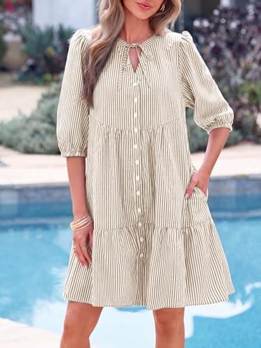 BTFBM Womens Summer Dresses 2026 Striped Mini Dress Half Sleeve Button Down Casual Flowy Beach Vacation Outfits Pockets(Brown, Large) - Thumbnail 4