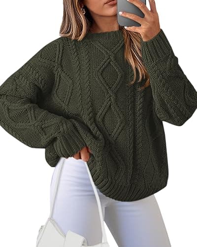 BTFBM Casual Women Long Sleeve Sweater 2025 Fall Ribbed Knit Pullover Loose Crewneck Cable Sweater Jumper Tops(Army Green,Small)
