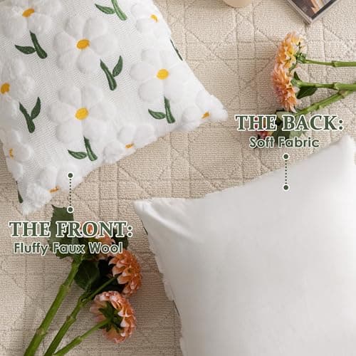 KIDHABE Spring Summer Pillow Covers 18x18 inch Set of 2, White Daisy Floral Sunflower Pillow Cases, Soft Plush Faux Fur Jacquard Throw Pillows for Sofa Couch Holiday Spring Home Decor - Thumbnail 5