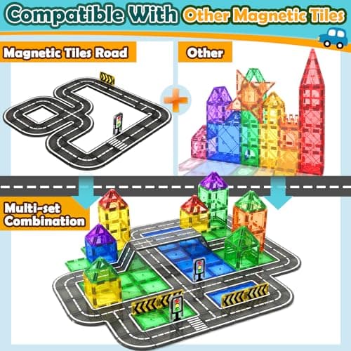 IGIVI Magnetic Tiles Road Expansion Pack, STEM Magnet Building Blocks for Toddler Kids Toys, Montessori Educational Toys for 3+ Year Old Boys & Girls, Creative Toy Gifts for Kids - Thumbnail 3