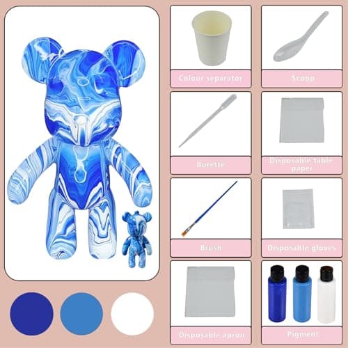 Coniuty DIY (Cyan+White+Blue, 9 Inch) Fluid Bear + Bear Keychain Figure Paint Set for Creative Graffiti Art Multicolor Painting - Thumbnail 3